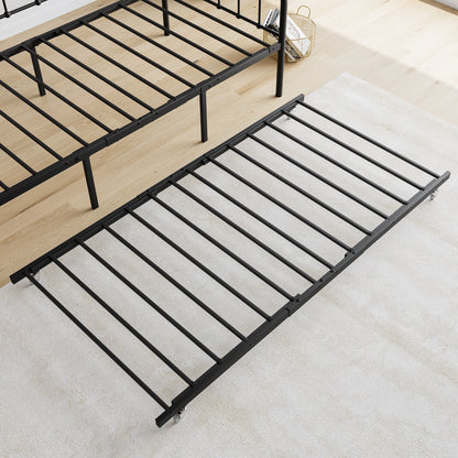 Twin Size Metal Daybed Frame with Trundle, Heavy Duty Steel Slat Support Sofa Bed Platform with Headboard, No Box Spring Needed,