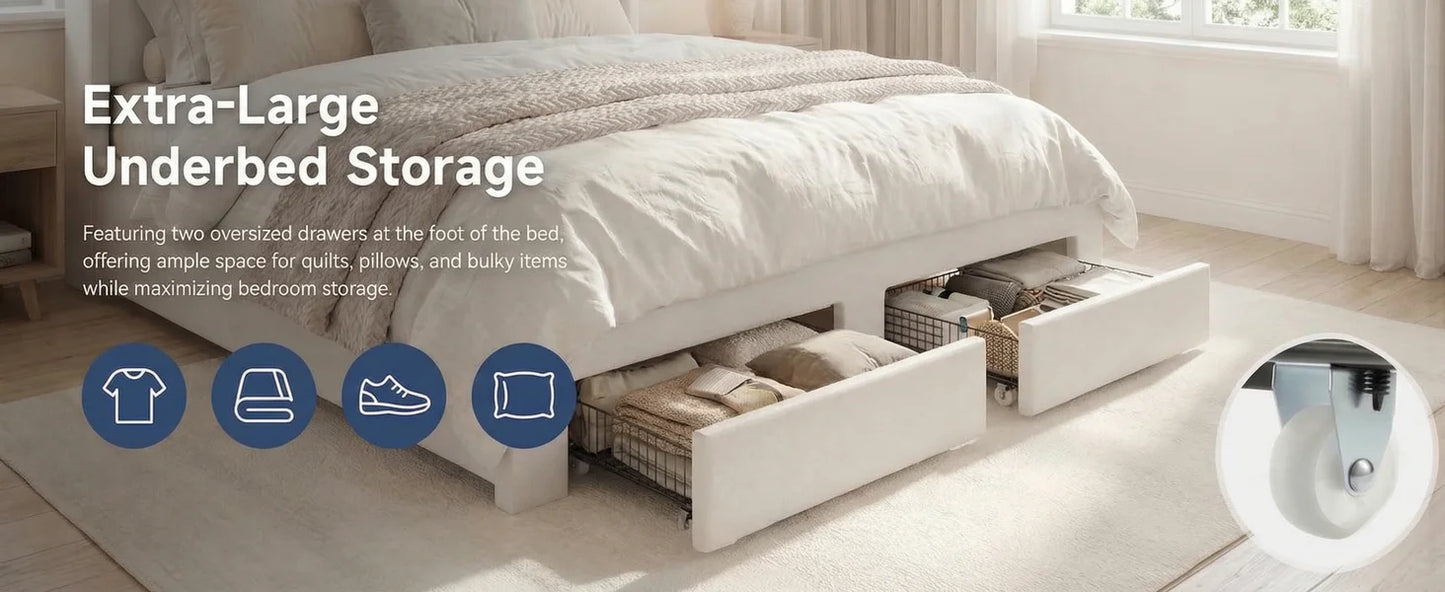 Full/Queen/King Bed Frame, 2 Storage Drawers/2-Tier Shelves