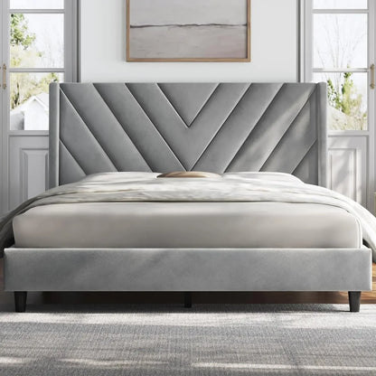 Bed Frame Upholstered Platform Bed with Tufted Headboard