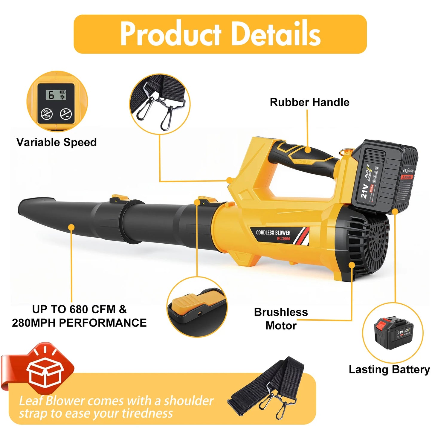 21V Cordless Leaf Blower with 6-Speed LCD Display
