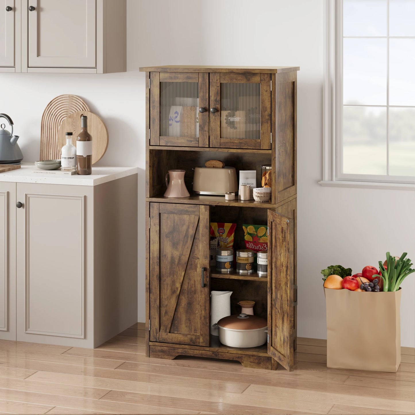 Freestanding Pantry Storage Cabinet with Glass Doors