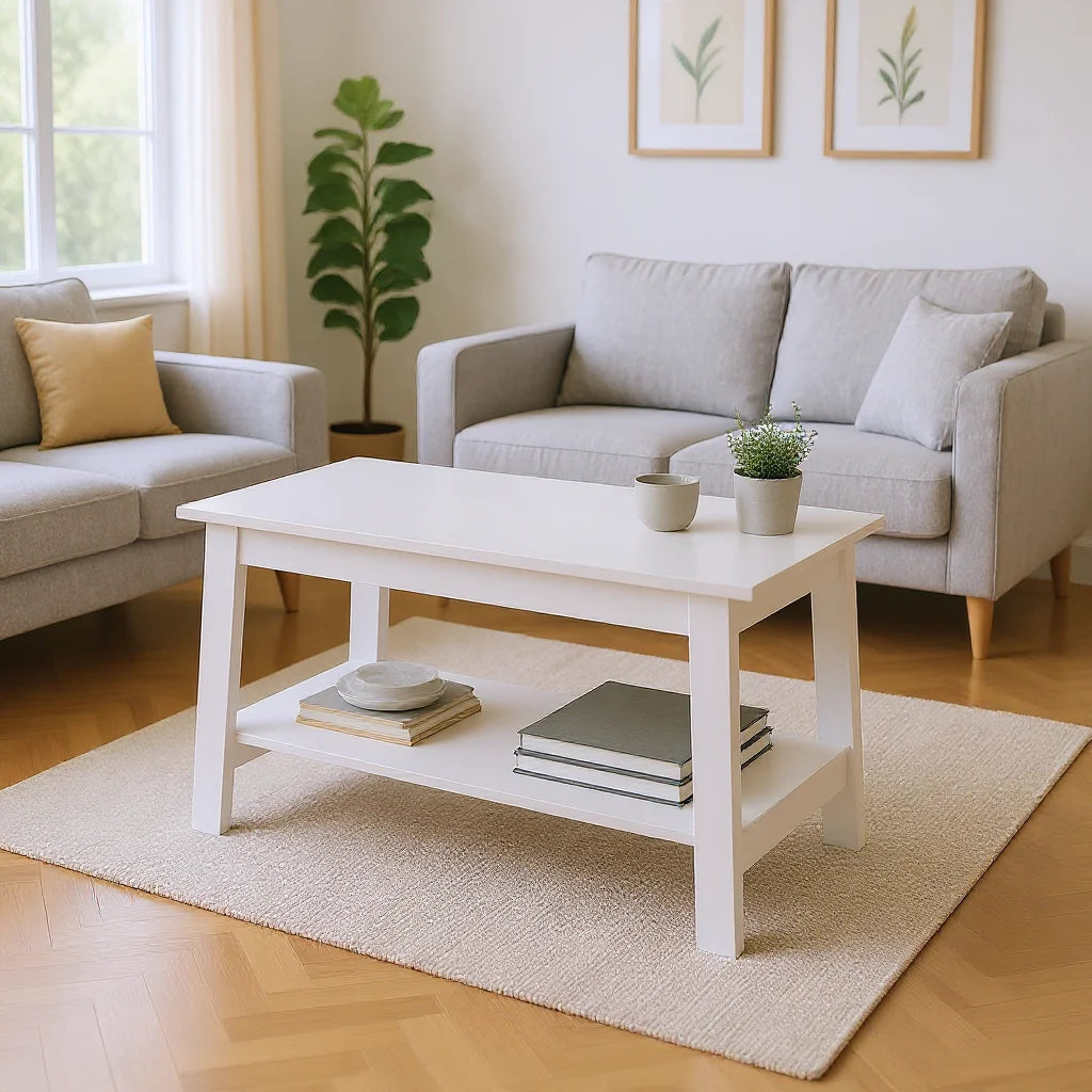 Rustic Farmhouse Wood Coffee Table with Storage Shelf