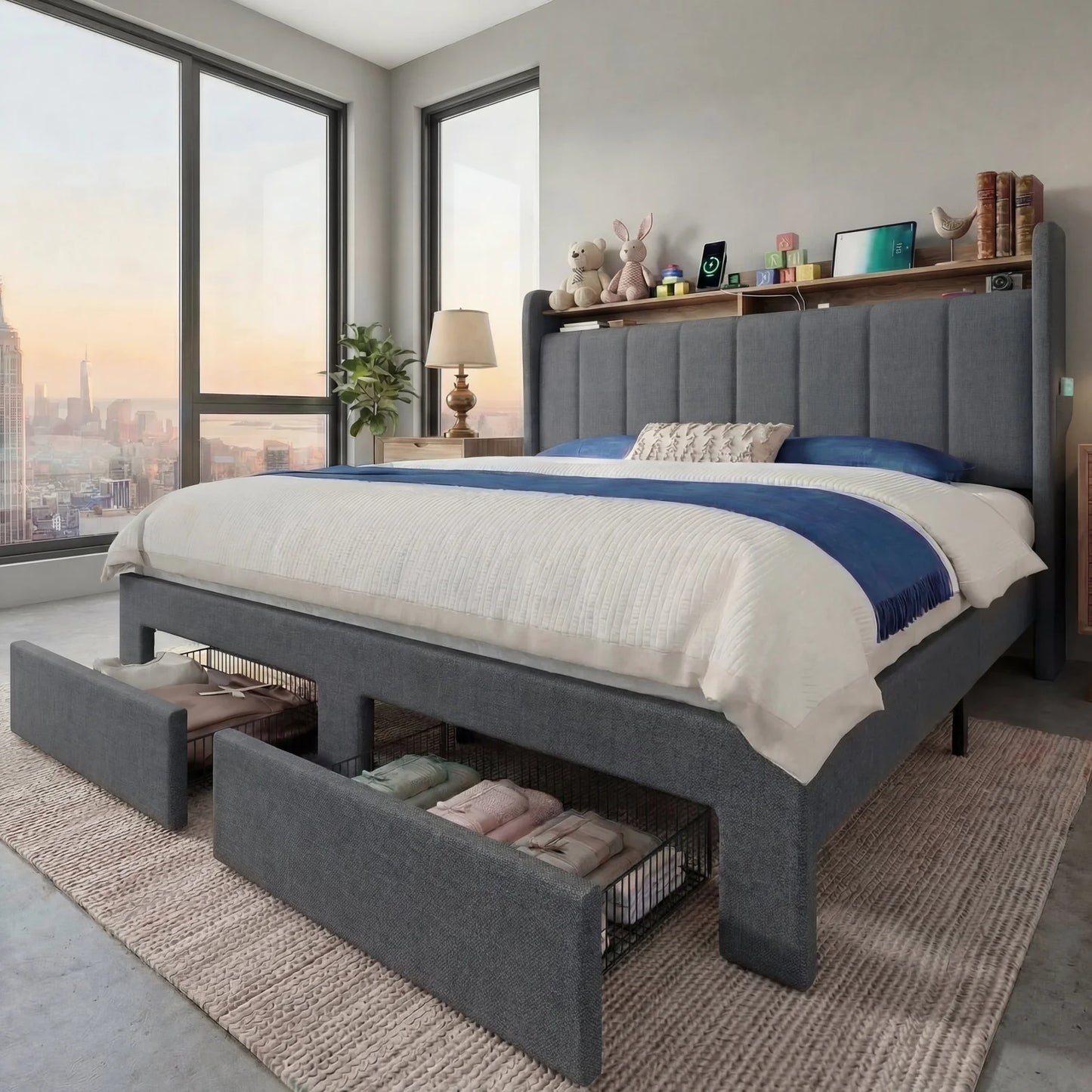 Full/Queen/King Bed Frame, 2 Storage Drawers/2-Tier Shelves
