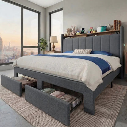 Full/Queen/King Bed Frame, 2 Storage Drawers/2-Tier Shelves