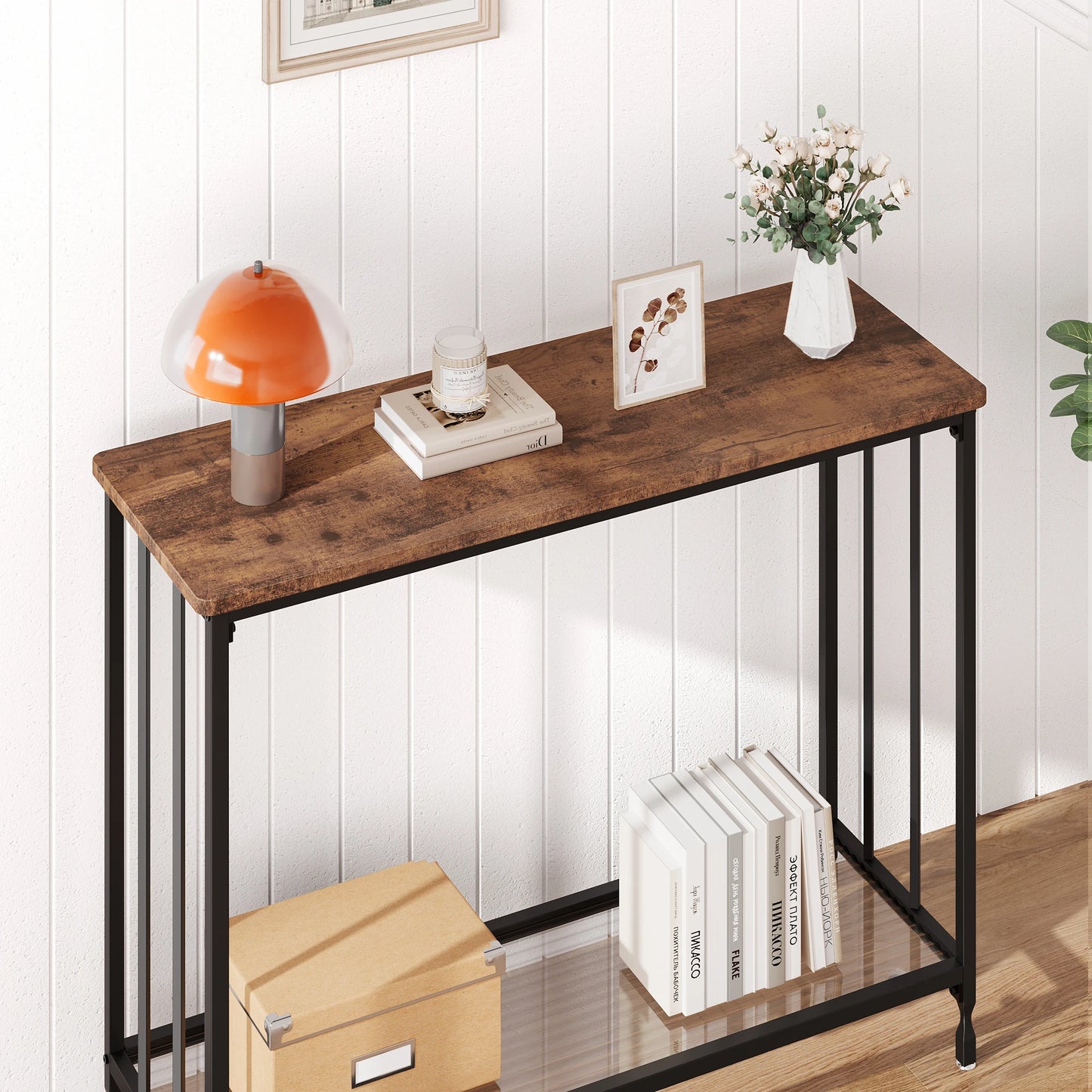 Narrow Entryway Console Table with Glass Shelf