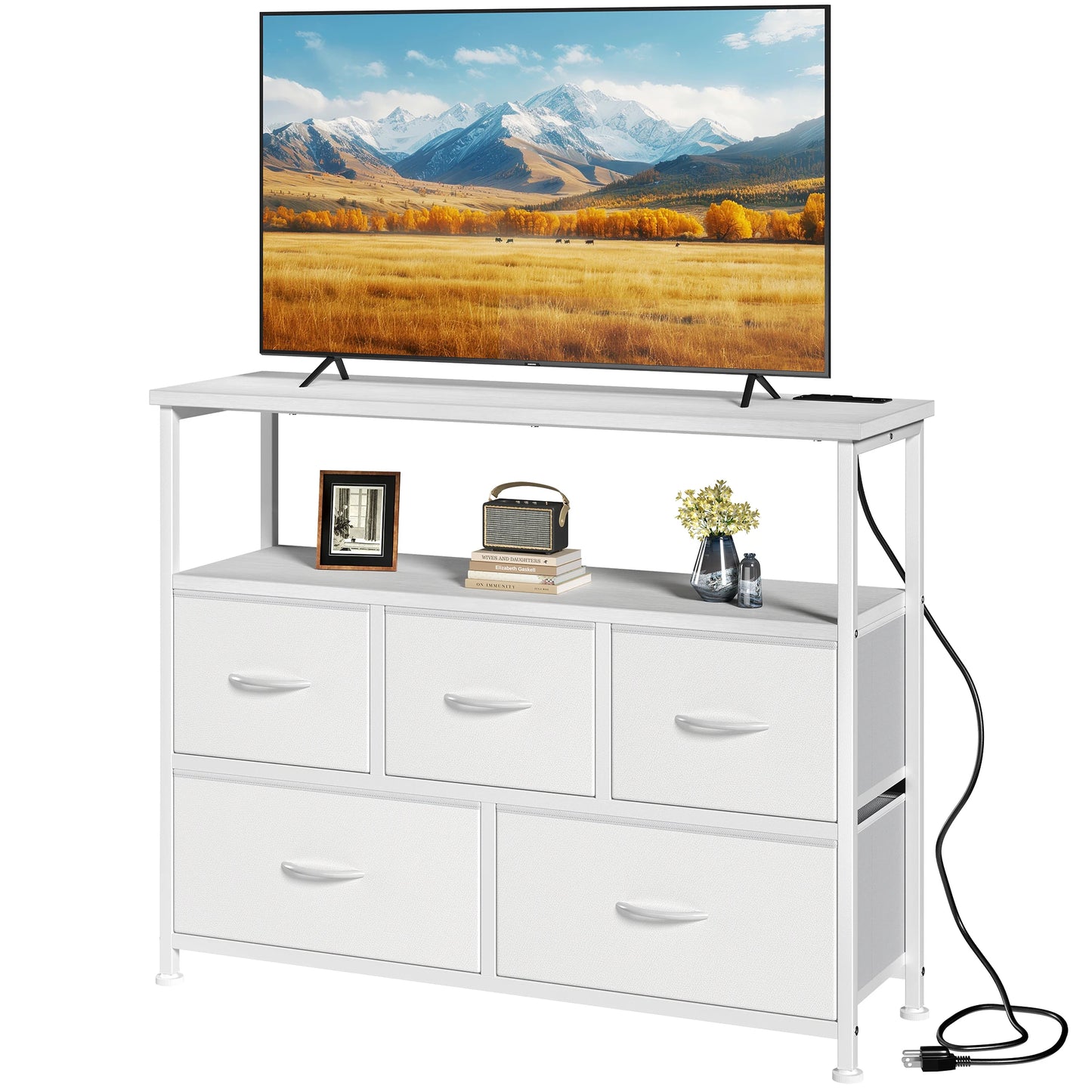 TV Stand with 5 Fabric Dresser with Charging Station