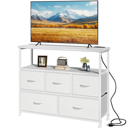TV Stand with 5 Fabric Dresser with Charging Station