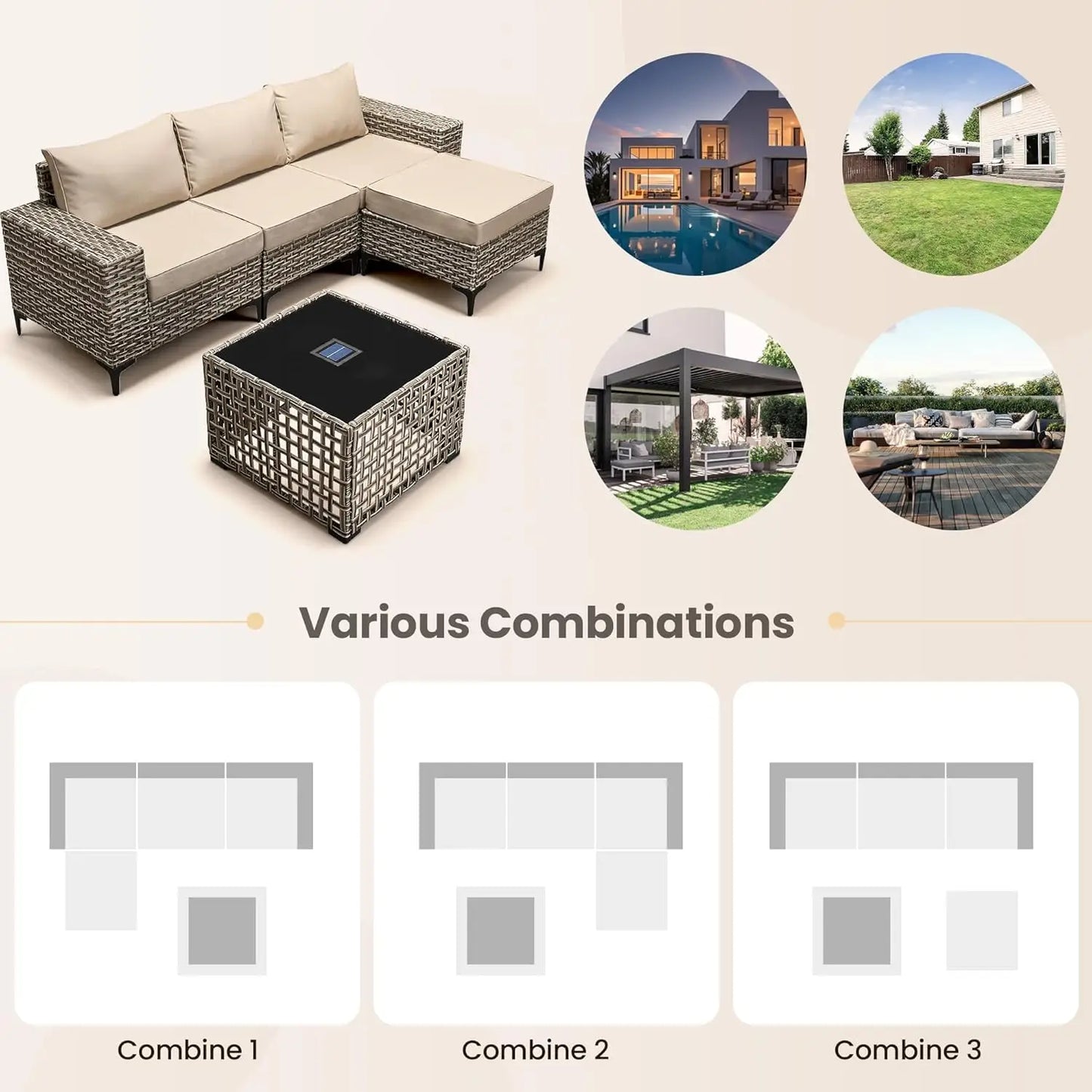 5Pcs Conversation Patio Furniture Set with Solar Lamp