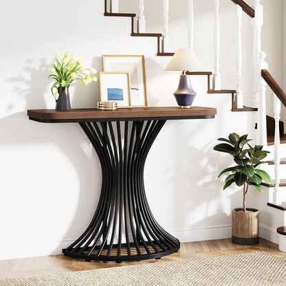 Industrial Entryway Table with Geometric Metal Base.