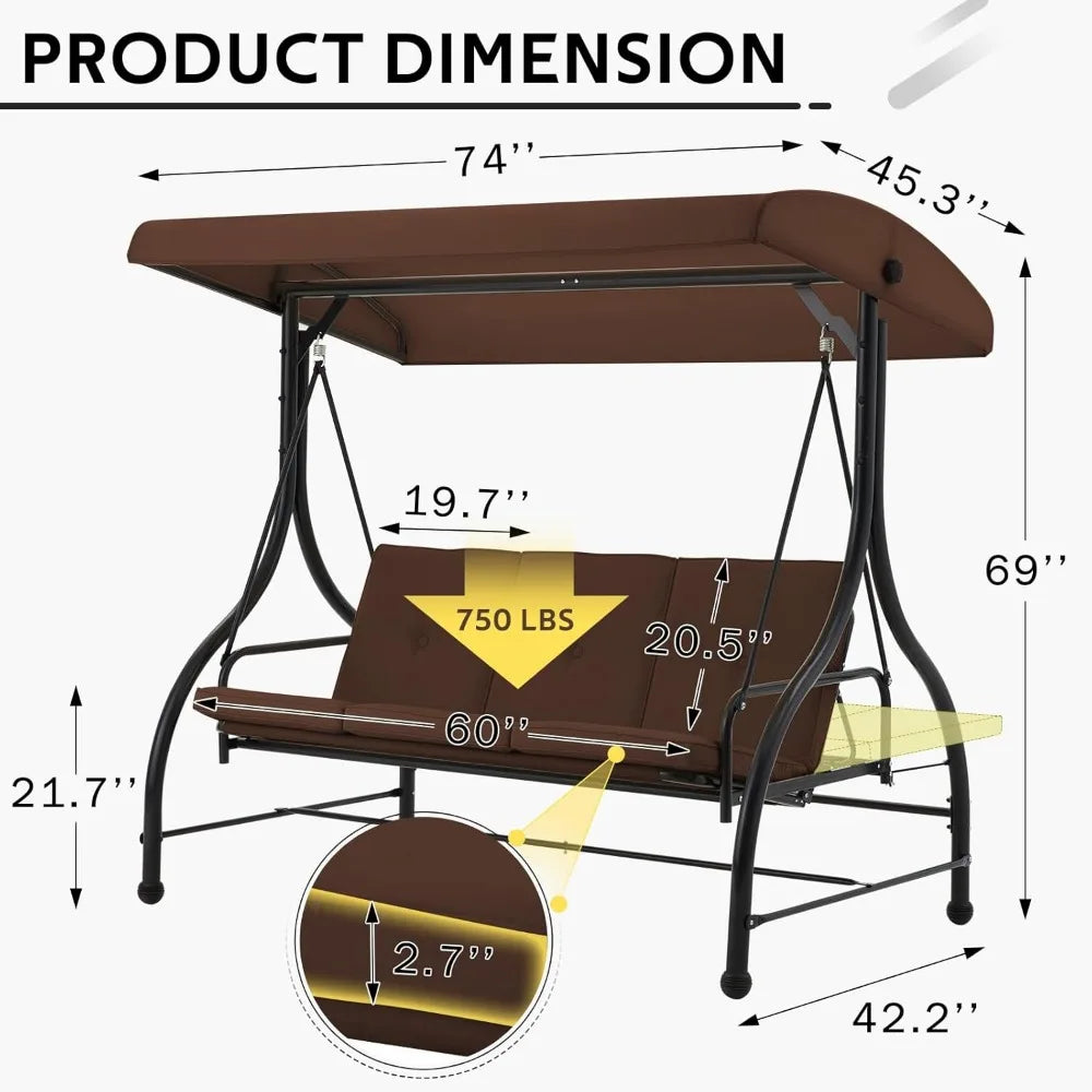 Porch Swing Chair with Adjustable Backrest Canopy