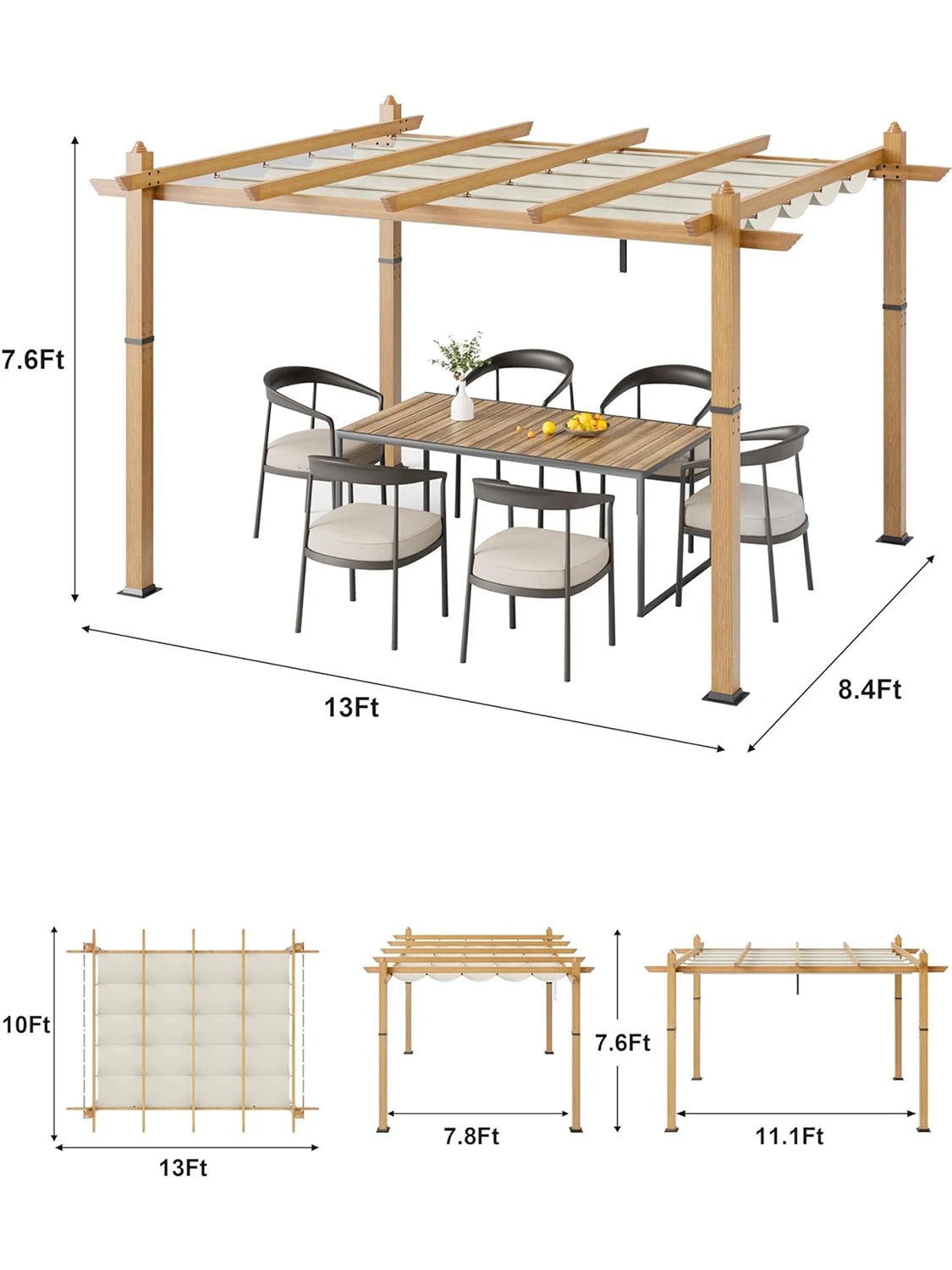10X10FT 10X13FT Outdoor Pergola with Retractable Canopy
