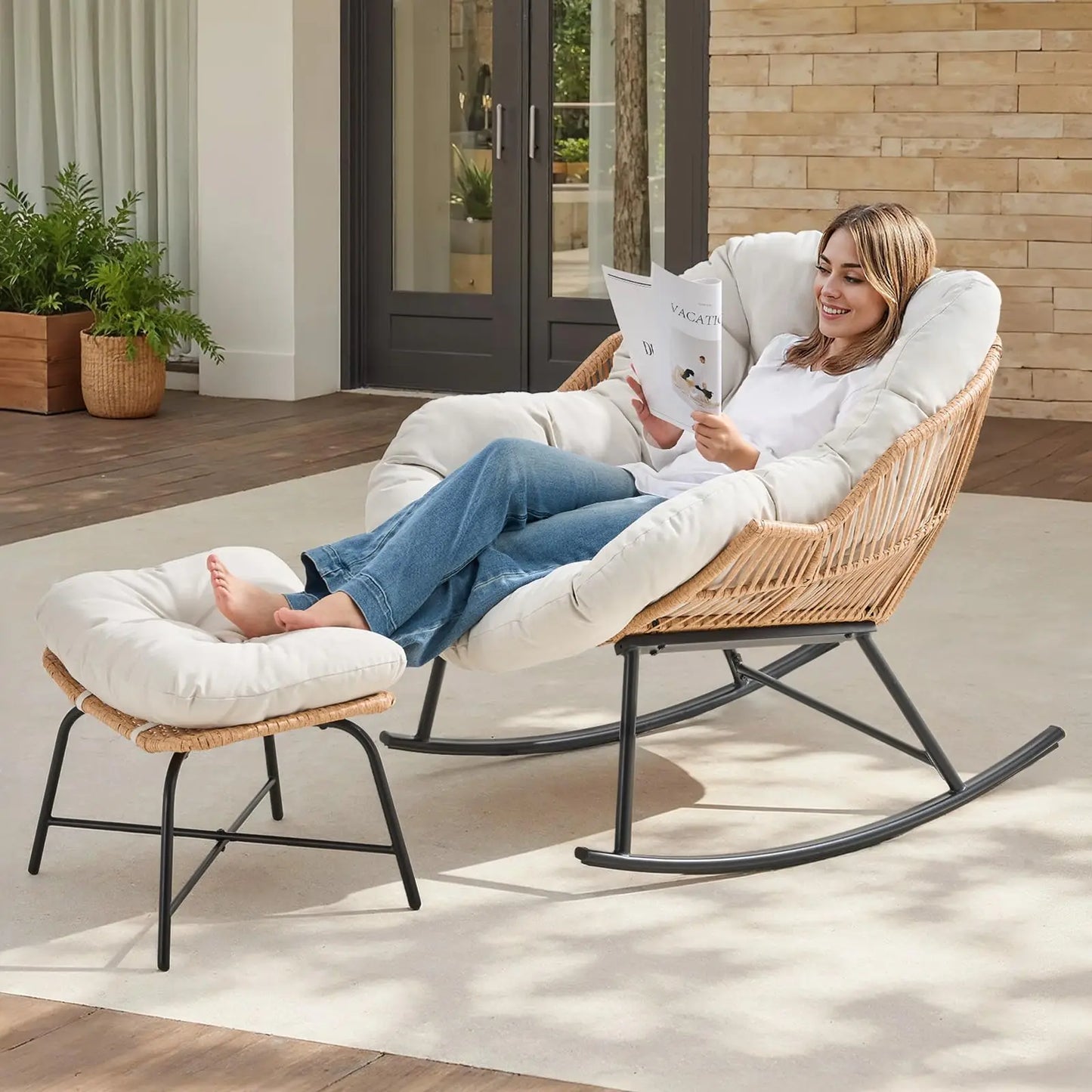 Oversized Wicker Rattan Egg Patio Chair with Ottoman