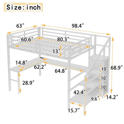 White Queen Loft Bed with L-shaped Desk