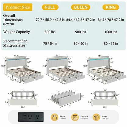 Full/Queen/King Bed Frame, 2 Storage Drawers/2-Tier Shelves