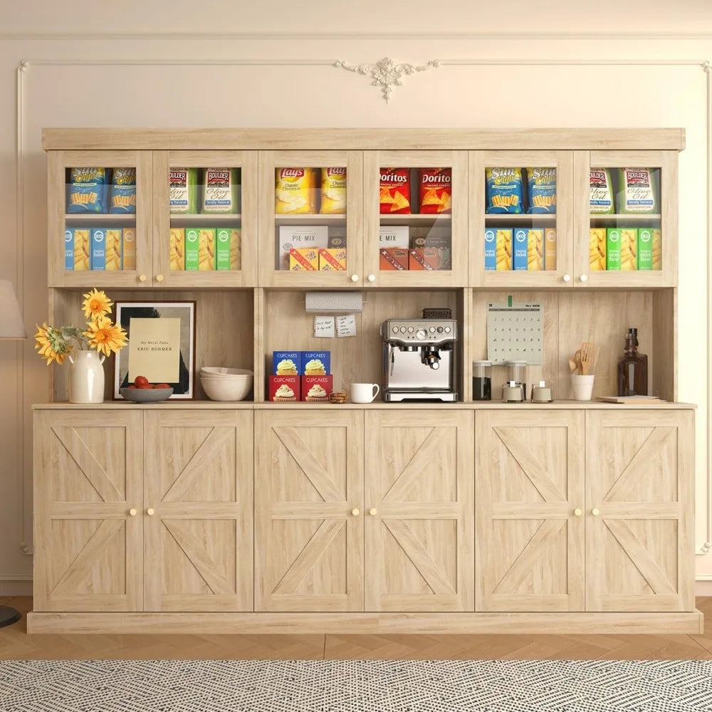 71" Farmhouse Kitchen Pantry Cabinet Set of 3, Brown Freestanding Coffee Bar Hutch with Glass Doors & Adjustable Shelves, Large