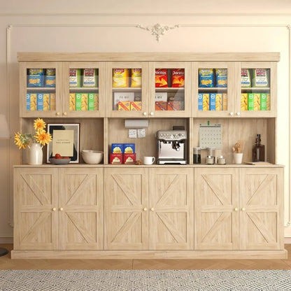 71" Farmhouse Kitchen Pantry Cabinet Set of 3, Brown Freestanding Coffee Bar Hutch with Glass Doors & Adjustable Shelves, Large