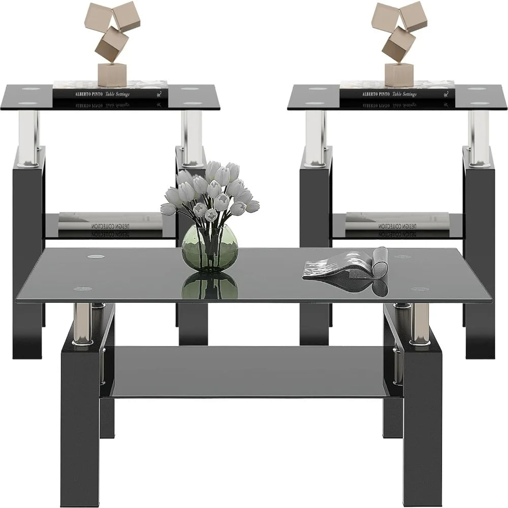 3 Piece Black Glass Coffee Table Set