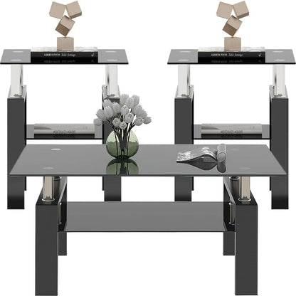 3 Piece Black Glass Coffee Table Set