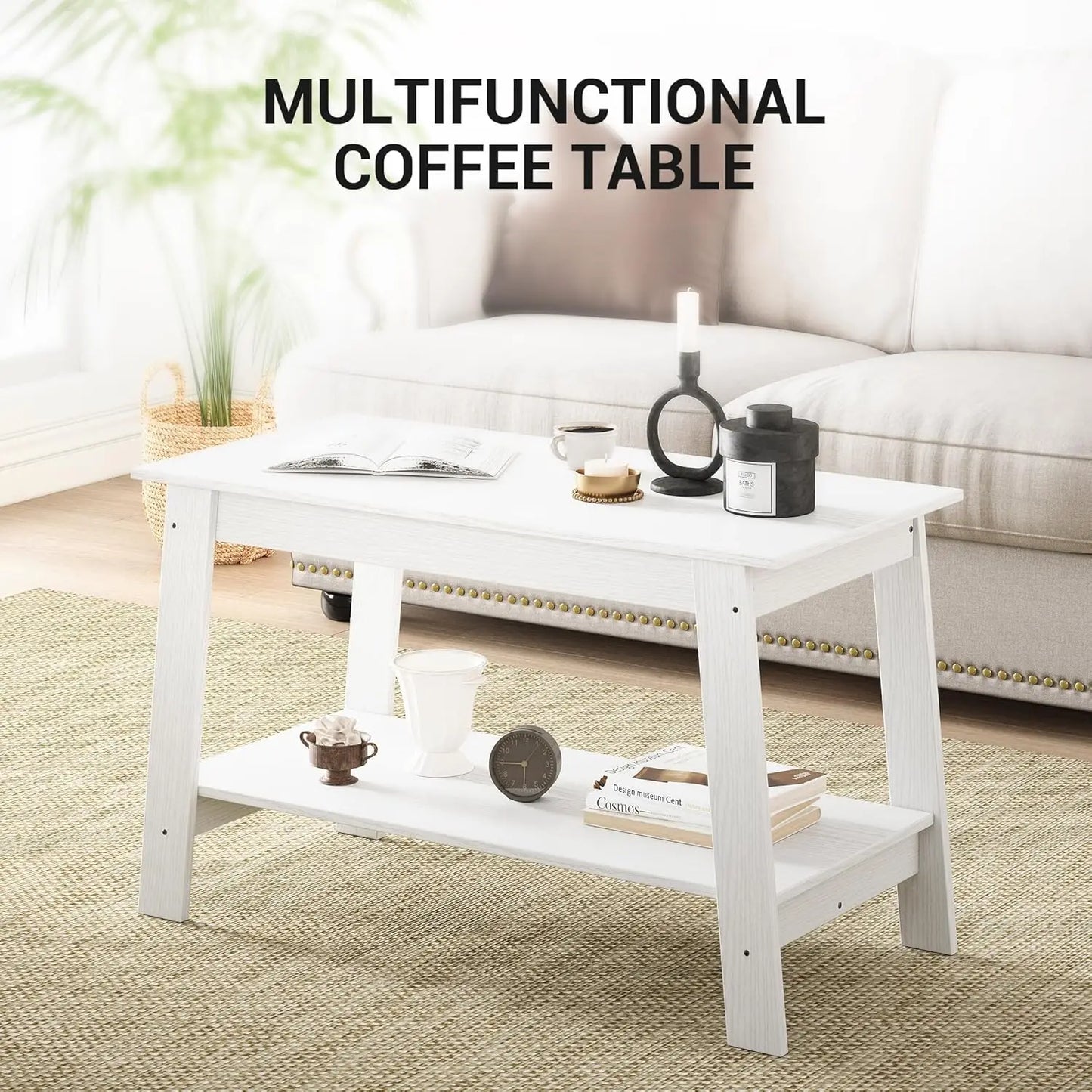 Rustic Farmhouse Wood Coffee Table with Storage Shelf