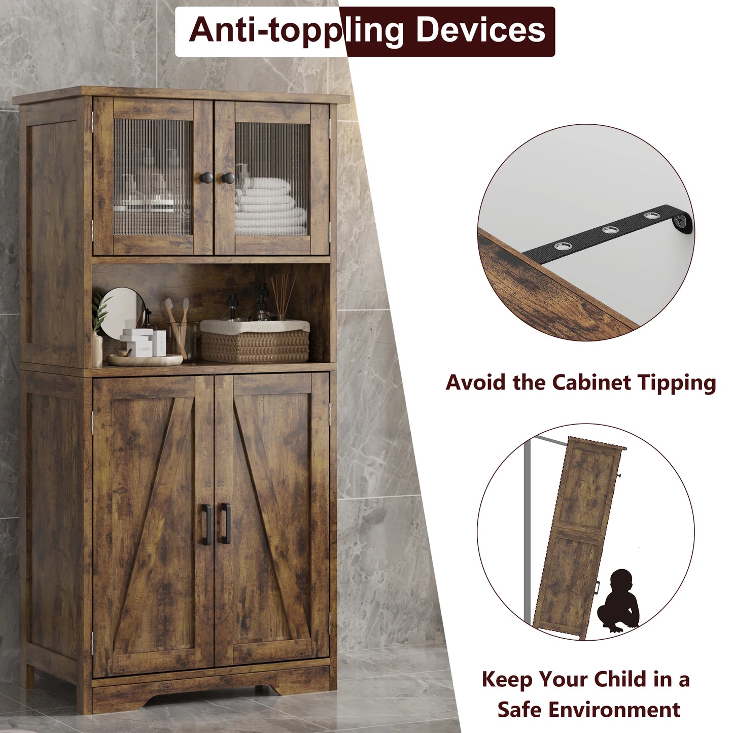 Freestanding Pantry Storage Cabinet with Glass Doors
