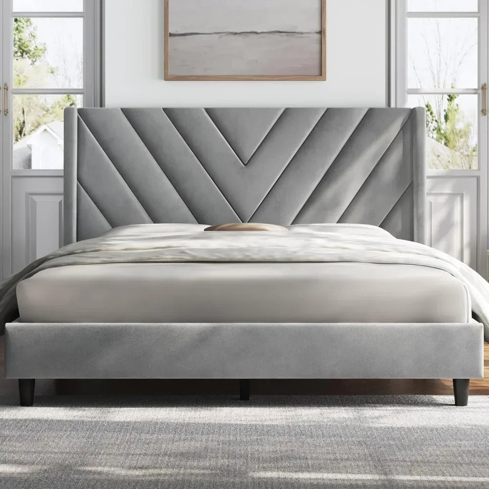 Bed Frame Upholstered Platform Bed with Tufted Headboard