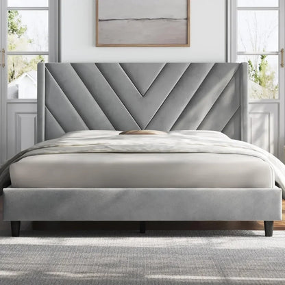 Bed Frame Upholstered Platform Bed with Tufted Headboard