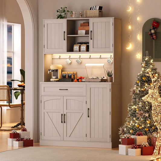 71" Kitchen Pantry Cabinet w/ LED Light & Outlet