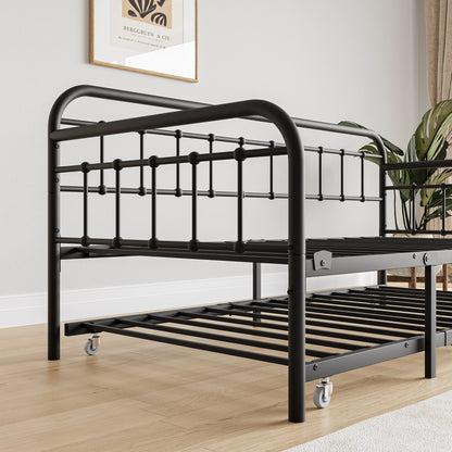 Twin Size Metal Daybed Frame with Trundle, Heavy Duty Steel Slat Support Sofa Bed Platform with Headboard, No Box Spring Needed,