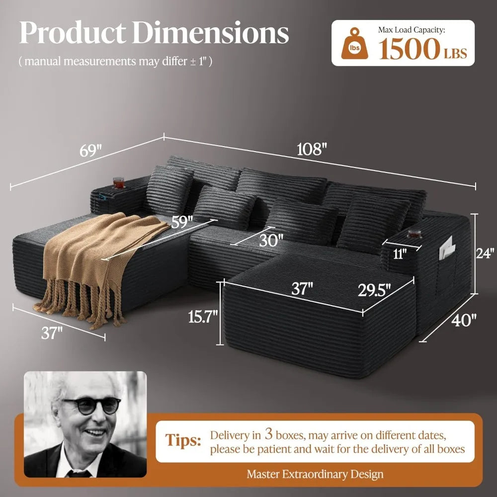 108" Cloud Sectional Couch with Extra Deep Seating