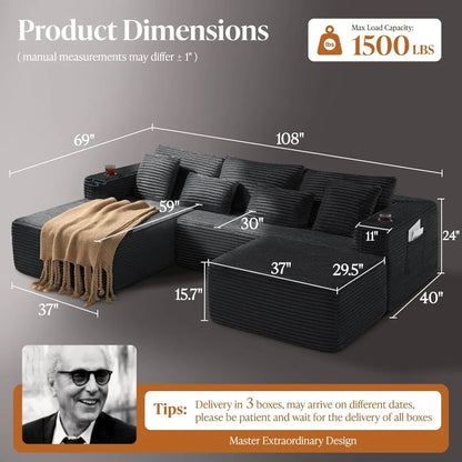 108" Cloud Sectional Couch with Extra Deep Seating