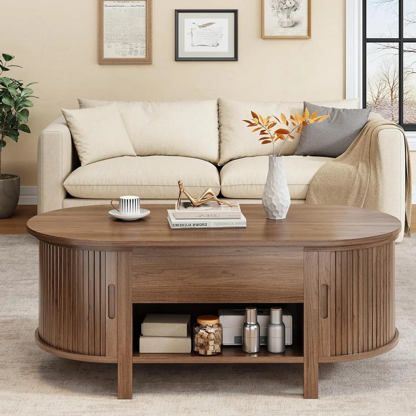43.3" Oval Lift Top Coffee Table with Sliding Door