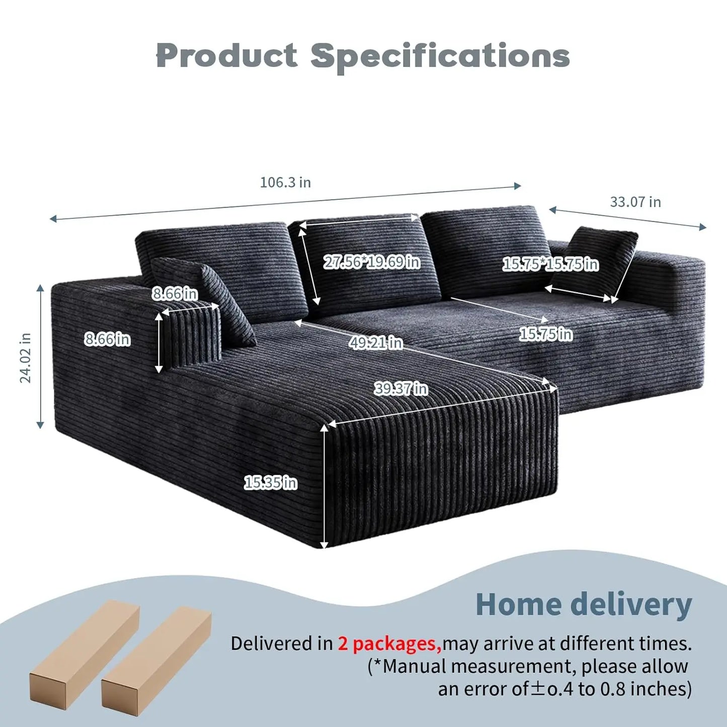 106" Corduroy Sectional with Oversized Chaise
