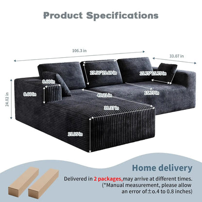 106" Corduroy Sectional with Oversized Chaise