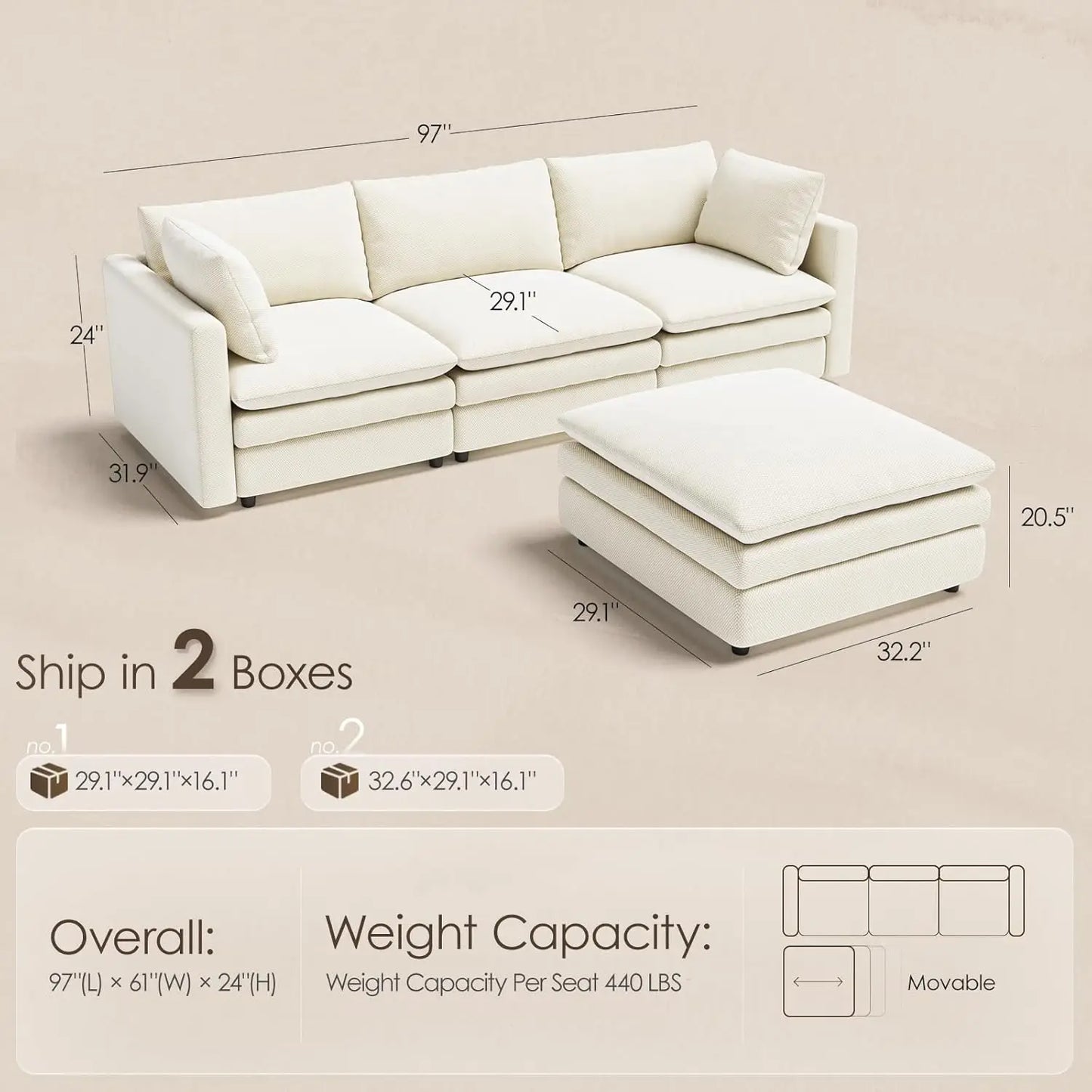 97in Modular L-Shape Sectional Sofa Deep Seat
