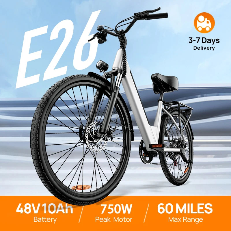 750W E-Bike Commuter 26x2" Tires 20MPH Speed
