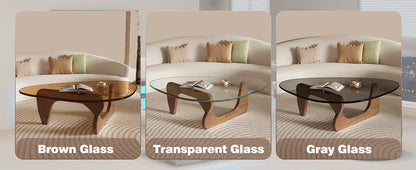 Triangle Glass Coffee Table with Wooden Base for Study Room Office Hotel