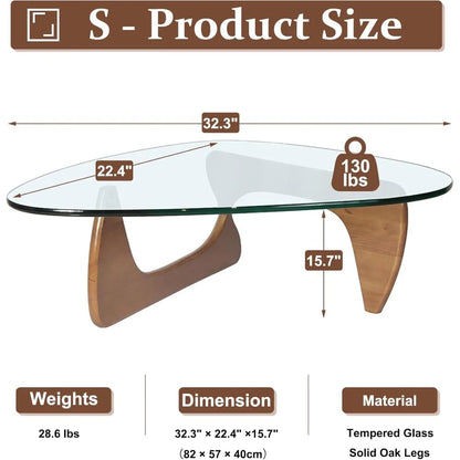 Triangle Glass Coffee Table with Wooden Base for Study Room Office Hotel