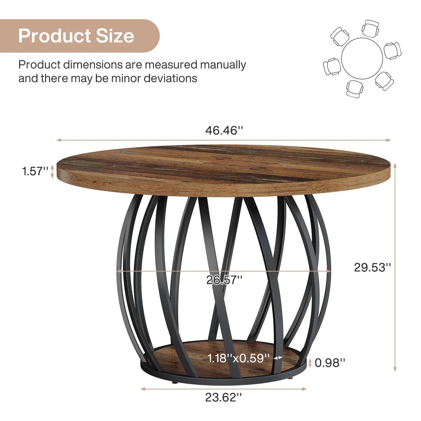 46-Inch Wood Kitchen Table with Sturdy Metal Base