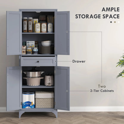 67" 4-Door Kitchen Pantry with Drawer and Adjustable Shelves Gray