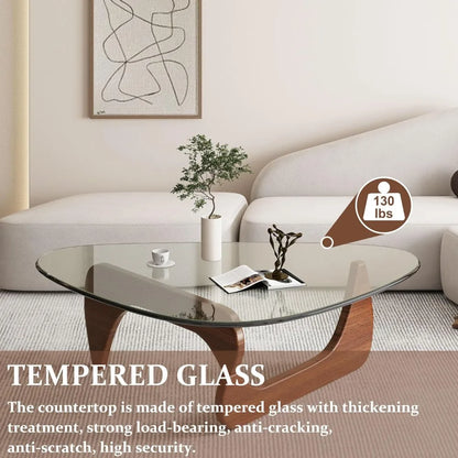 Triangle Glass Coffee Table with Wooden Base for Study Room Office Hotel