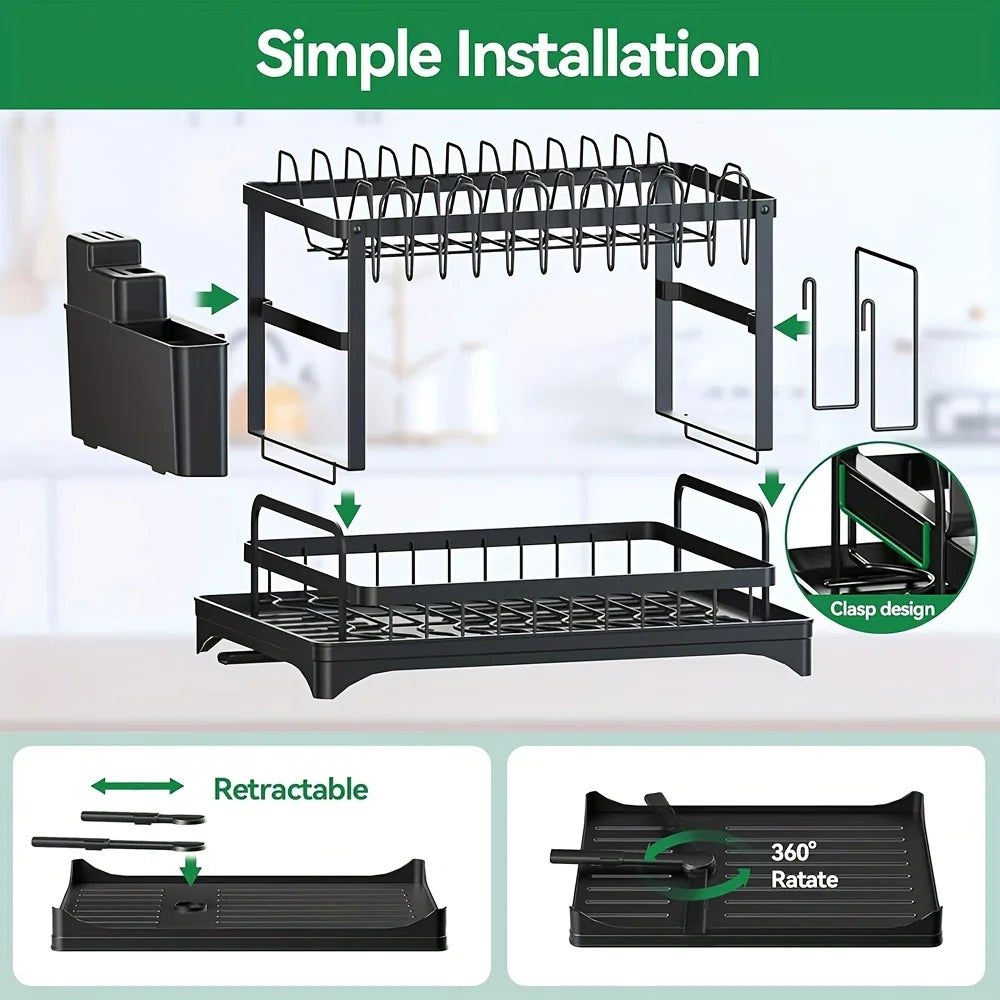 Space-Saving 2-Tier Dish Drying Rack with Utensil Holder
