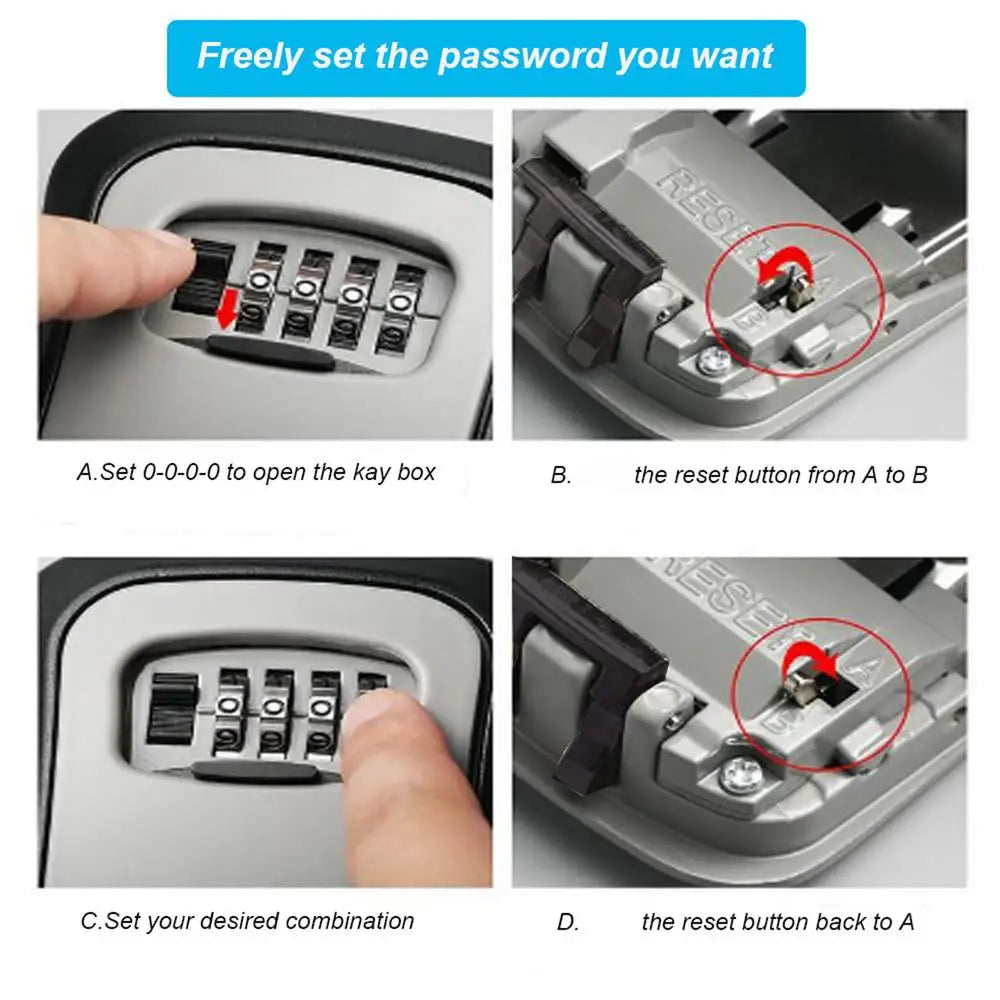 Wall-mounted Key Lock Box Waterproof Aluminum 4 Digit Combination Password Key Organizer Outdoor Key Safe Lock Box