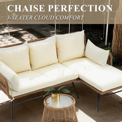 3-Piece Outdoor Patio Furniture Set with Thick Cushions, Glass Coffee Table
