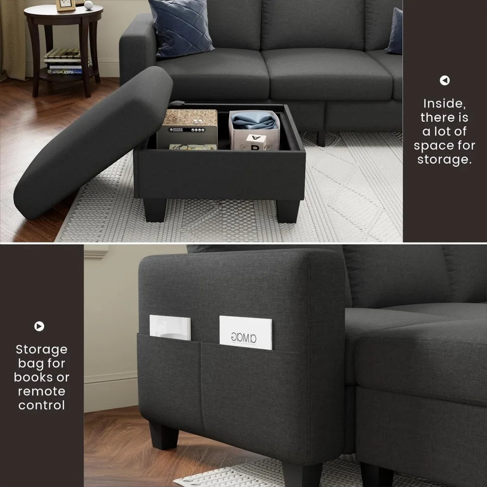 78''L Shaped Dark Grey 3-Seater Convertible Sofas