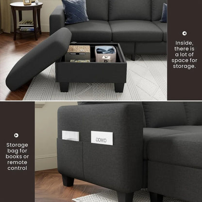 78''L Shaped Dark Grey 3-Seater Convertible Sofas