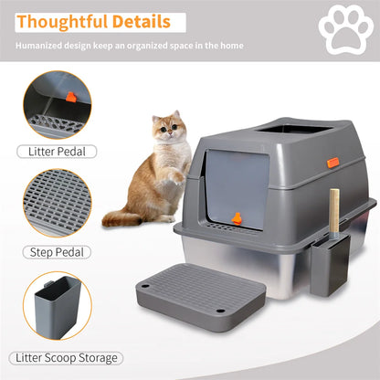 XXL Stainless Steel Cat Litter Box Easy Cleaning Toilet