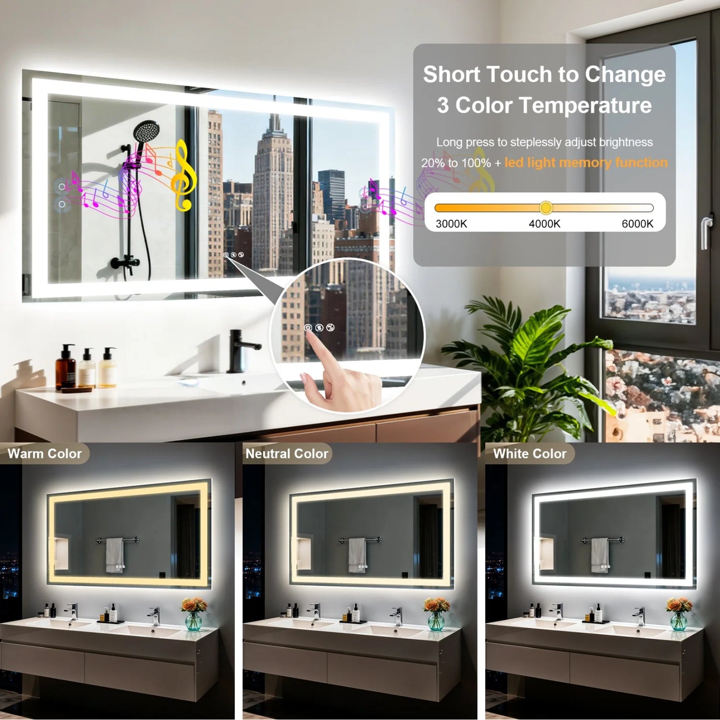 50/60/100/120cm LED Bathroom Mirror Built-in Bluetooth Speaker