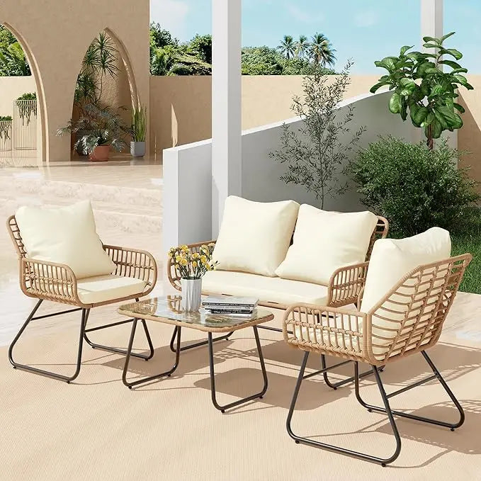 4-Piece Wicker Outdoor Patio Furniture Set with Cushions