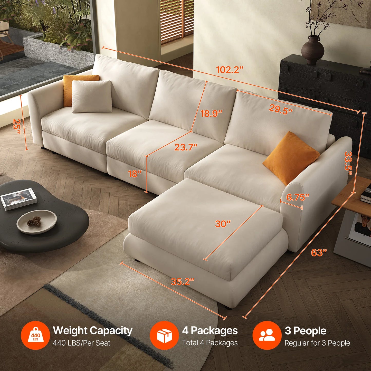 108.2'' Comfy Cloud Couch Modern Sectional Sofa with Ottoman