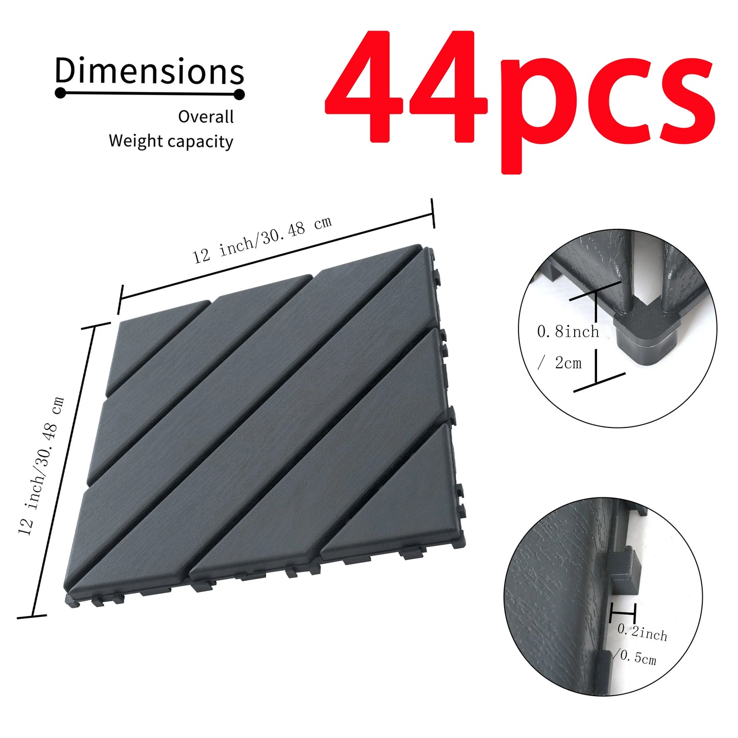44 Pack 12" x 12" Square Waterproof Patio Interlocking Deck Tiles